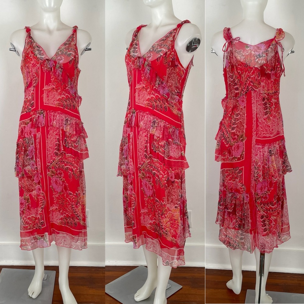 Y2K Johnny Was JW Red Midi Floral Dress 100%Silk Chiffon Raw Edge Fit XS/S FLAWS